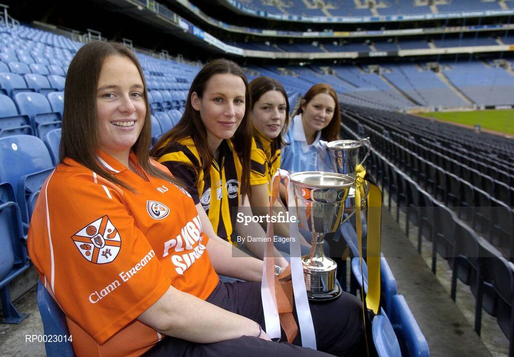 29 November 2005; Intermediate captains Denise Hagan, left, Clann Eireann, Armagh and Edel O'Connell, second from left, Abbeydorney, Kerry and Junior captains Eva O'Donoghue, second from right, Mourneabbey, Cork and Aisling Lambe, right, Athgarvan, Kildare at a photocall ahead of the Intermediate and Junior Ladies Club Finals which will take place on Sunday, next 4th December, Croke Park, Dublin. Picture credit: Damien Eagers / SPORTSFILE