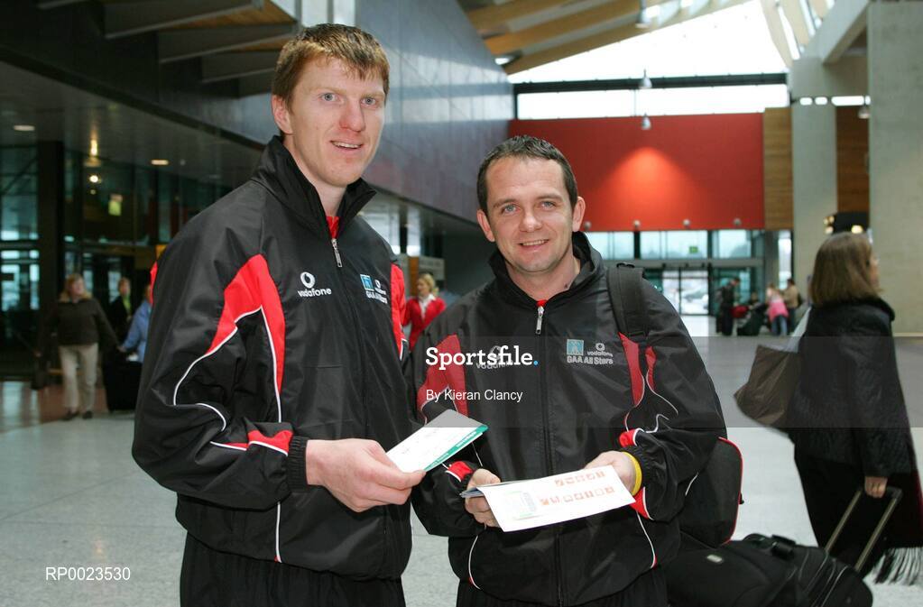 18 January 2006; Clare hurlers Niall Gilligan and David Fitzgerald prior to their departure to Singapore for the 2006 Vodafone All-Stars Hurling Tour. Shannon Airport, Shannon, Co. Clare. Picture credit; Kieran Clancy / SPORTSFILE