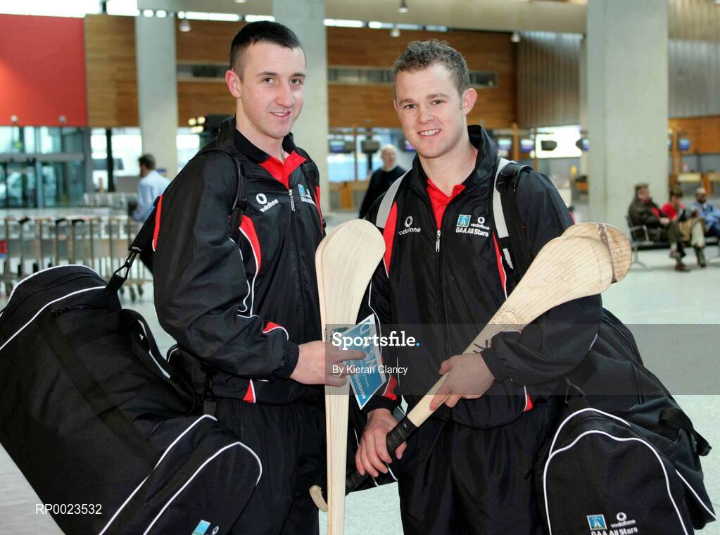 18 January 2006; Kilkenny hurlers Eoin Larkin, left, and Tommy Walsh prior to their departure to Singapore for the 2006 Vodafone All-Stars Hurling Tour. Shannon Airport, Shannon, Co. Clare. Picture credit; Kieran Clancy / SPORTSFILE