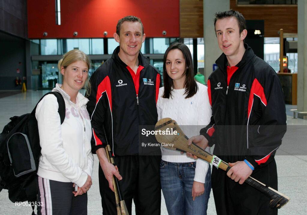 18 January 2006; Limerick hurling brothers Ollie Moran with his wife Lisa Quinlan, left,  and Niall Moran, with his girlfriend Teresa Kennedy prior to their departure to Singapore for the 2006 Vodafone All-Stars Hurling Tour. Shannon Airport, Shannon, Co. Clare. Picture credit; Kieran Clancy / SPORTSFILE