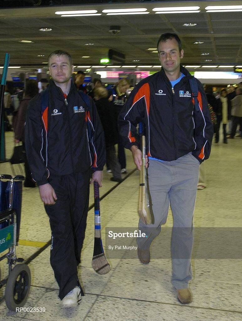 18 January 2006; Kilkenny's JJ Delaney, left, and Wexford's Darragh Ryan at Dublin Airport prior to their departure to Singapore for the 2006 Vodafone All-Stars Hurling Tour. Dublin Airport, Dublin. Picture credit; Pat Murphy / SPORTSFILE