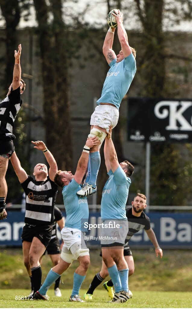 19 April 2014; Aaron McCloskey, Garryowen, wins possession of the ball from a lineout. Ulster Bank League Division 1A, Garryowen v Old Belvedere, Dooradoyle, Limerick. Picture credit: Ray McManus / SPORTSFILE