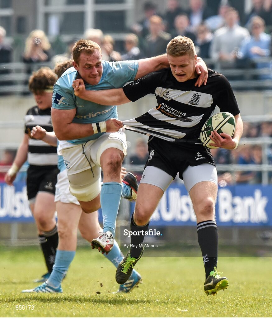 19 April 2014; Steve Crosbie, Old Belvedere, is tackled by Shane Buckley, Garryowen. Ulster Bank League Division 1A, Garryowen v Old Belvedere, Dooradoyle, Limerick. Picture credit: Ray McManus / SPORTSFILE