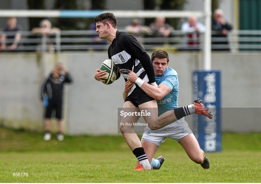 19 April 2014; Philip O'Dwyer, Old Belvedere, is tackled by Andrew O'Byrne, Garryowen. Ulster Bank League Division 1A, Garryowen v Old Belvedere, Dooradoyle, Limerick. Picture credit: Ray McManus / SPORTSFILE