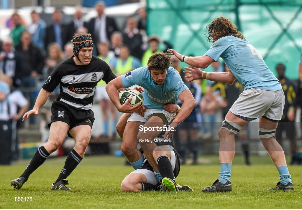 19 April 2014; Harry McNulty, Garryowen, with support from team-mate Mark Hanrahan, is tackled by Steve Crosbie and Shaun Berne, left, Old Belvedere. Ulster Bank League Division 1A, Garryowen v Old Belvedere, Dooradoyle, Limerick. Picture credit: Ray McManus / SPORTSFILE