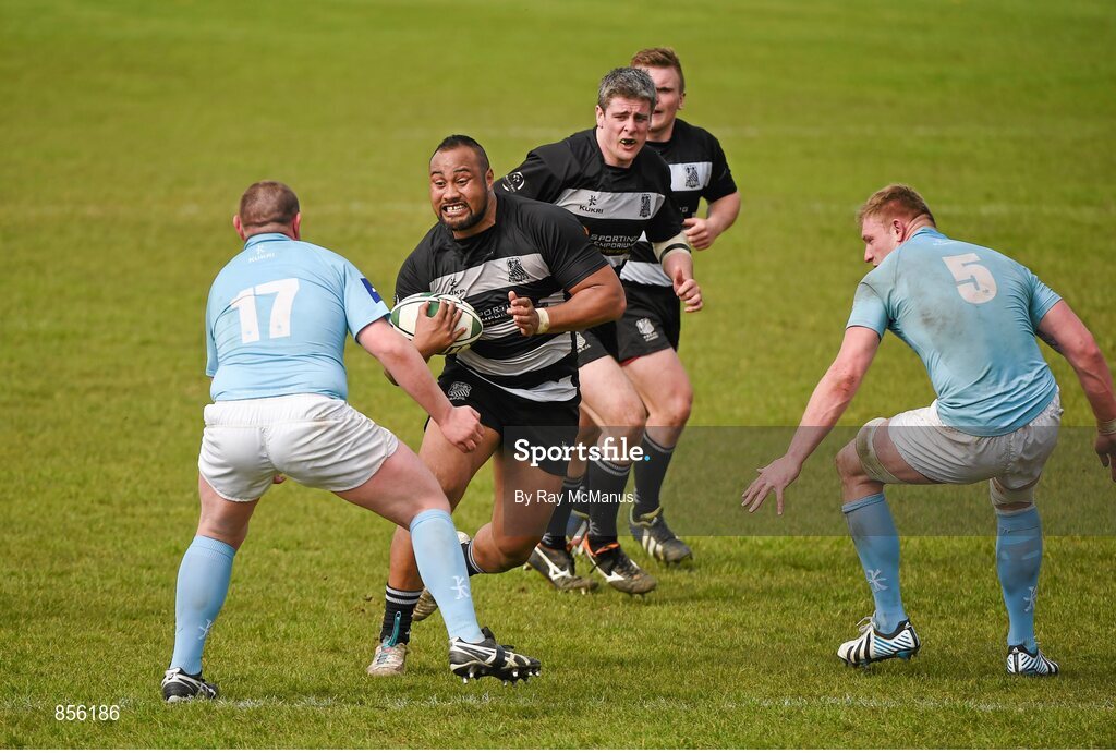 19 April 2014; Leo Auva'a, Old Belvedere, in action against Peter O'Shea, left, and Dean Moore, Garryowen. Ulster Bank League Division 1A, Garryowen v Old Belvedere, Dooradoyle, Limerick. Picture credit: Ray McManus / SPORTSFILE