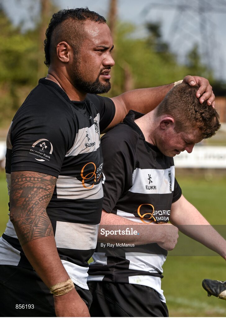 19 April 2014; Leo Auva'a, Old Belvedere, comforts team-mate Josh Glynn after the match. Ulster Bank League Division 1A, Garryowen v Old Belvedere, Dooradoyle, Limerick. Picture credit: Ray McManus / SPORTSFILE