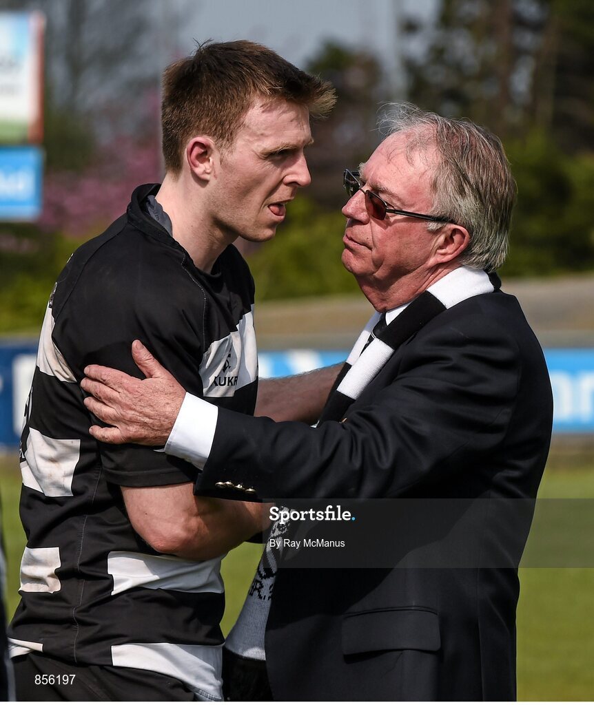 19 April 2014; Colm Brennan, Honorary Secretary of Old Belvedere Rugby Club, consoles John Kennedy after the match. Ulster Bank League Division 1A, Garryowen v Old Belvedere, Dooradoyle, Limerick. Picture credit: Ray McManus / SPORTSFILE