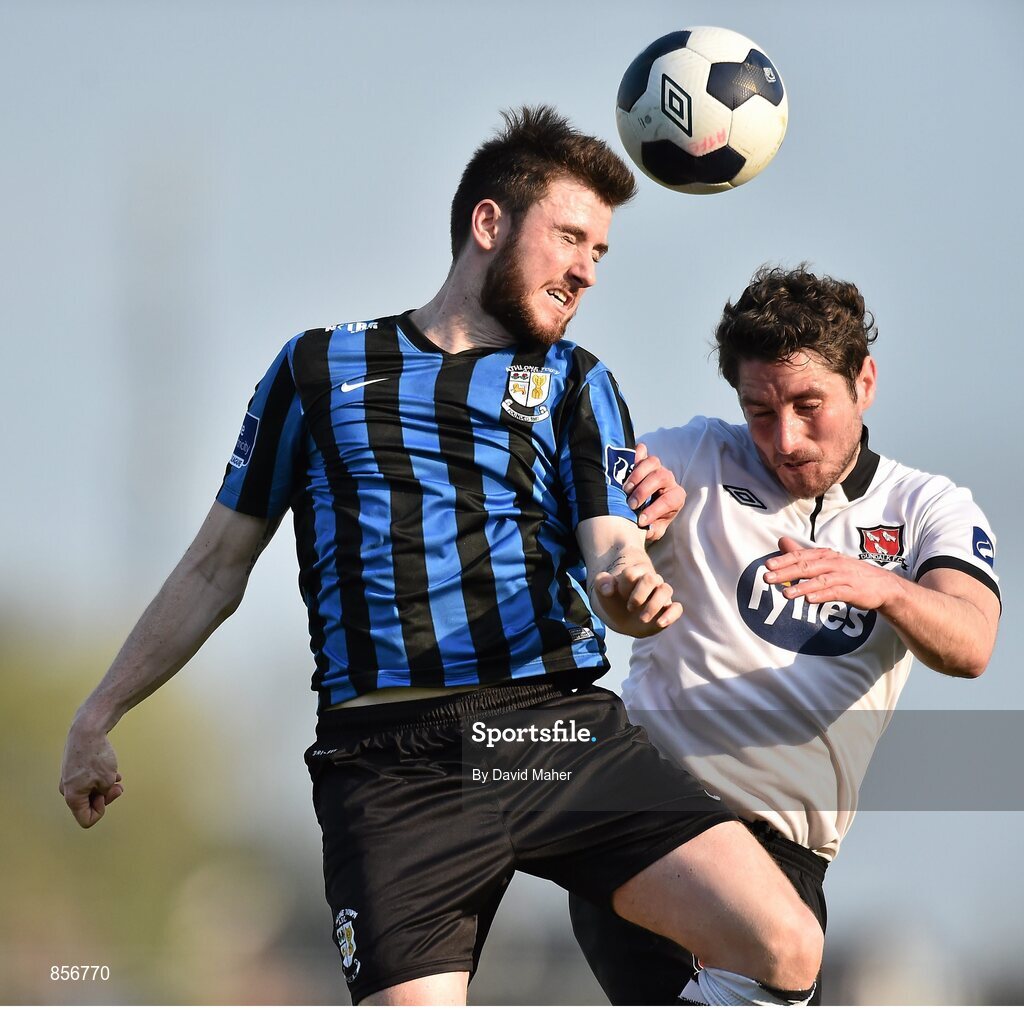 21 April 2014; Sean Byrne, Athlone Town, in action against Ruaidhri Higgins, Dundalk. Airtricity League Premier Division, Athlone Town v Dundalk, Athlone Town Stadium, Athlone, Co. Westmeath. Picture credit: David Maher / SPORTSFILE