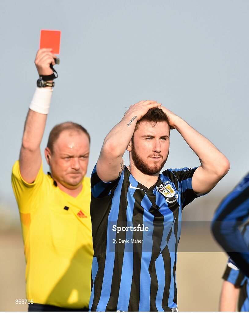 21 April 2014; Sean Byrne, Athlone Town, is sent off late in the game by referee Graham Kelly. Airtricity League Premier Division, Athlone Town v Dundalk, Athlone Town Stadium, Athlone, Co. Westmeath. Picture credit: David Maher / SPORTSFILE