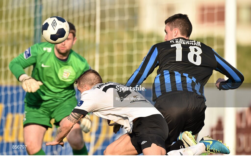 21 April 2014; Athlone Town's Declan Brennan and  Dundalk's Darren Meenan clash in the box resulting in a penalty been awarded to Dundalk late in the game. Airtricity League Premier Division, Athlone Town v Dundalk, Athlone Town Stadium, Athlone, Co. Westmeath. Picture credit: David Maher / SPORTSFILE