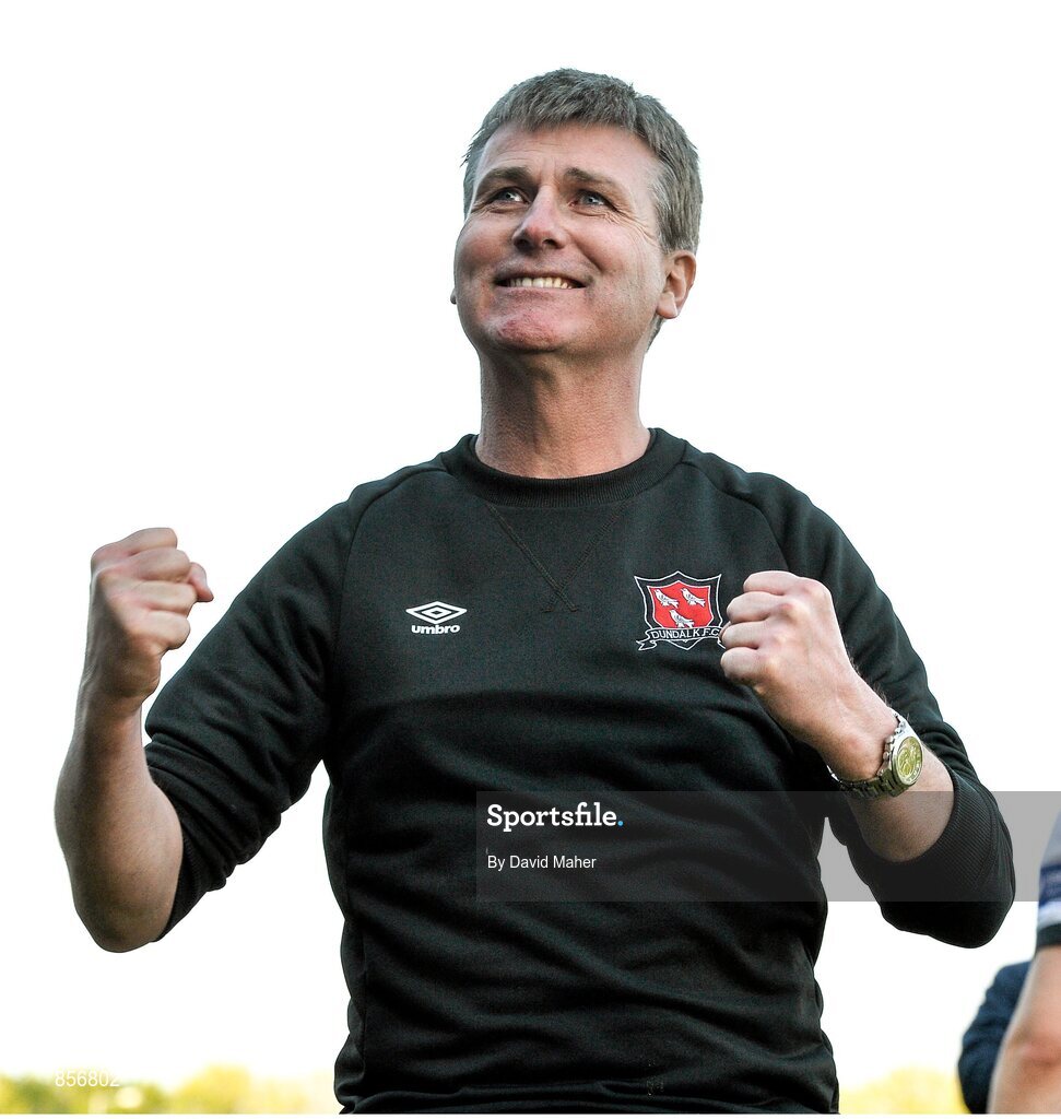 21 April 2014; Dundalk manager Stephen Kenny celebrates at the end of the game. Airtricity League Premier Division, Athlone Town v Dundalk, Athlone Town Stadium, Athlone, Co. Westmeath. Picture credit: David Maher / SPORTSFILE
