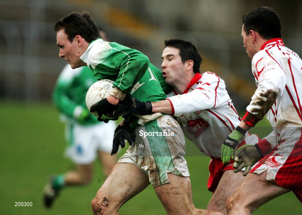 Presspics Sunday 12th February 2005 Fermanaghs James Sherry against Tyrones Ciaran Gourley and Conor Gormley ;Fermanagh V Tyrone Allianz National League at Brewester Park Enniskillen, Co Fermanagh .Picture Credit-Oliver Mc Veigh