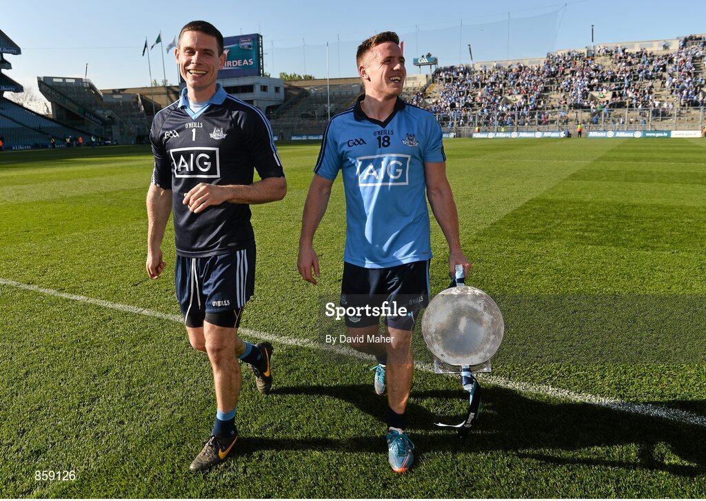27 April 2014; Stephen Cluxton and Davy Byrne, Dublin, celebrate at the end of the game. Allianz Football League Division 1 Final, Dublin v Derry, Croke Park, Dublin. Picture credit: David Maher / SPORTSFILE