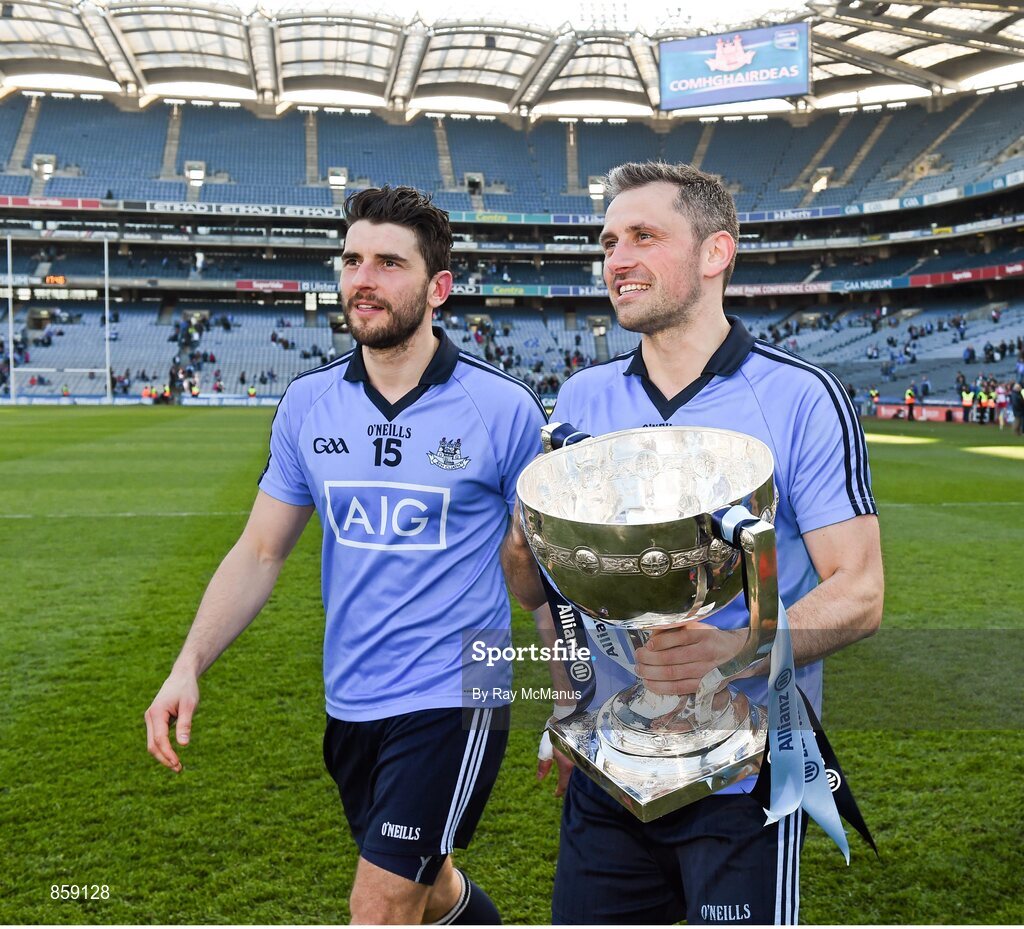 27 April 2014; The Brogan brothers Bernard and Alan celebrate with the cup after the game. Allianz Football League Division 1 Final, Dublin v Derry, Croke Park, Dublin. Picture credit: Ray McManus / SPORTSFILE