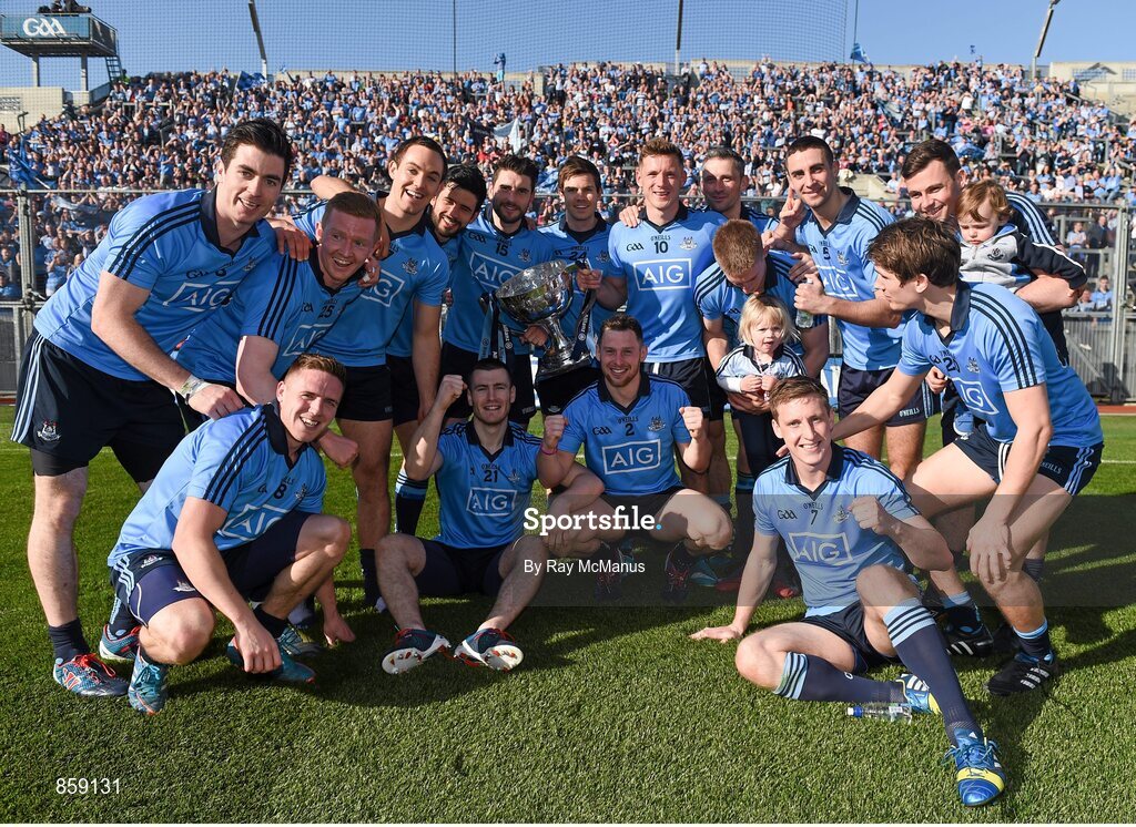 27 April 2014; Dublin players celebrate, with the cup, in front of Hill 16 after the game. Allianz Football League Division 1 Final, Dublin v Derry, Croke Park, Dublin. Picture credit: Ray McManus / SPORTSFILE
