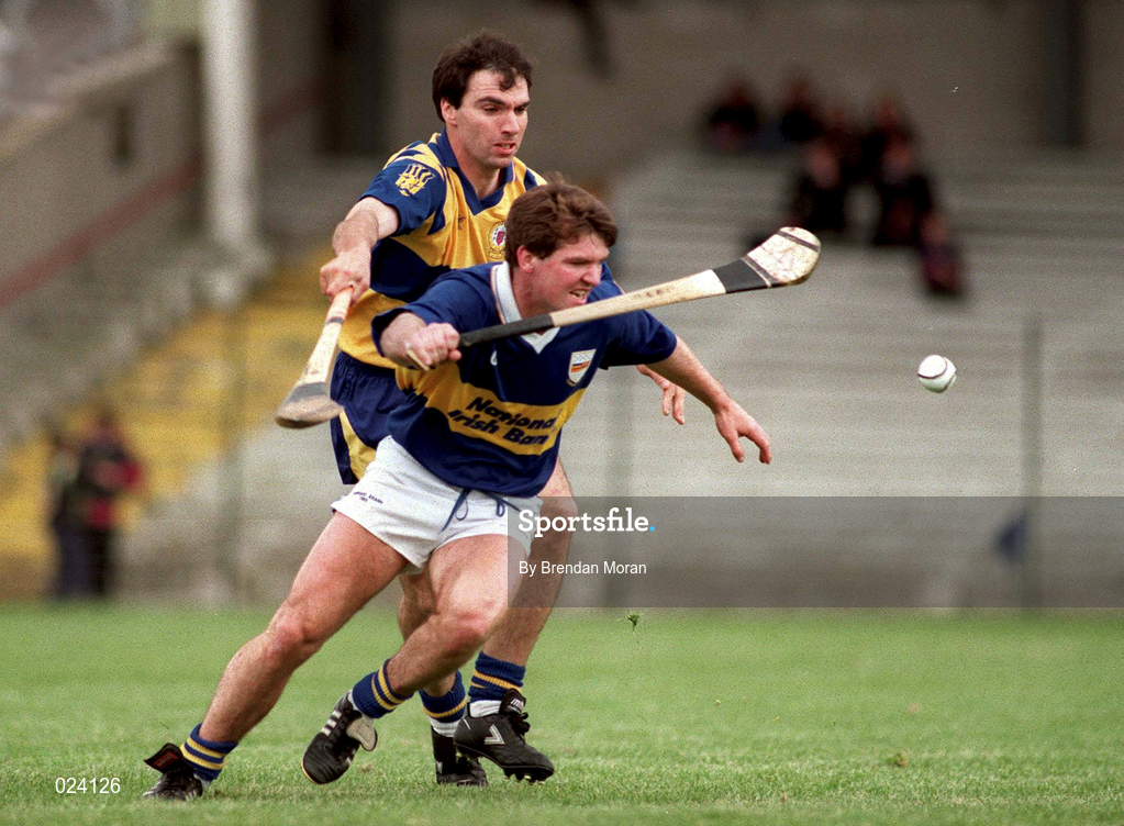29 May 1994; Michael Cleary of Tipperary in action against Stephen Sheddy of Clare during the Munster Senior Hurling Championship quarter-final match between Tipperary and Clare at the Gaelic Grounds in Limerick. Photo by Brendan Moran/Sportsfile