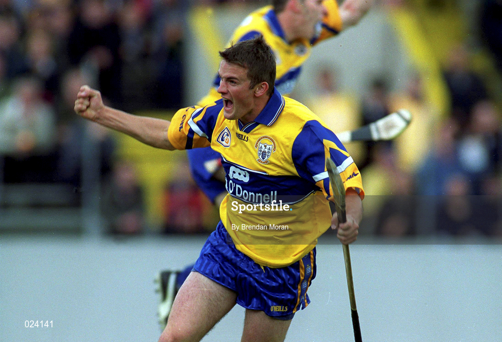 12 June 1999; Alan Markham of Clare celebrates after scoring his side's first goal during the Guinness Munster Senior Hurling Championship semi-final replay match between Clare and Tipperary at Páirc Uí Chaoimh in Cork. Photo by Brendan Moran/Sportsfile