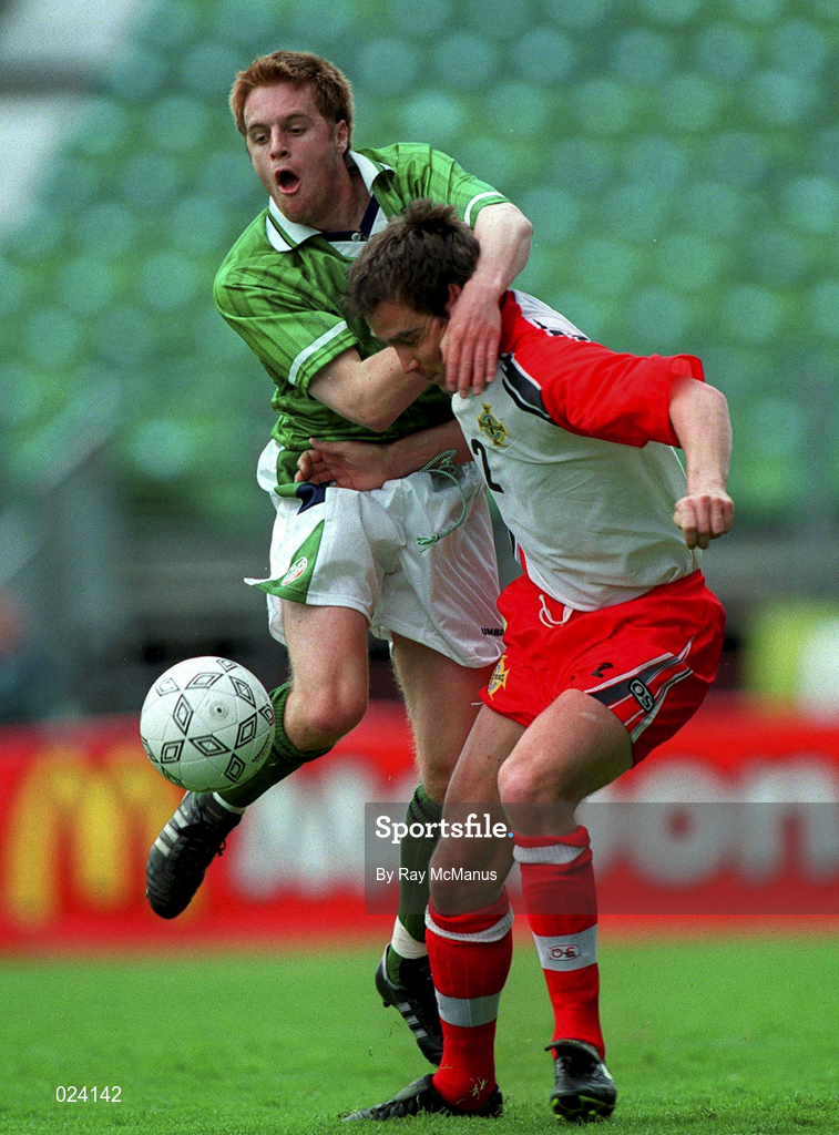 29 May 1999; Darren Patterson of Northern Ireland in action against Alan Maybury of Republic of Ireland during the international friendly match between Republic of Ireland and Northern Ireland at Lansdowne Road in Dublin. Photo by Ray McManus/Sportsfile