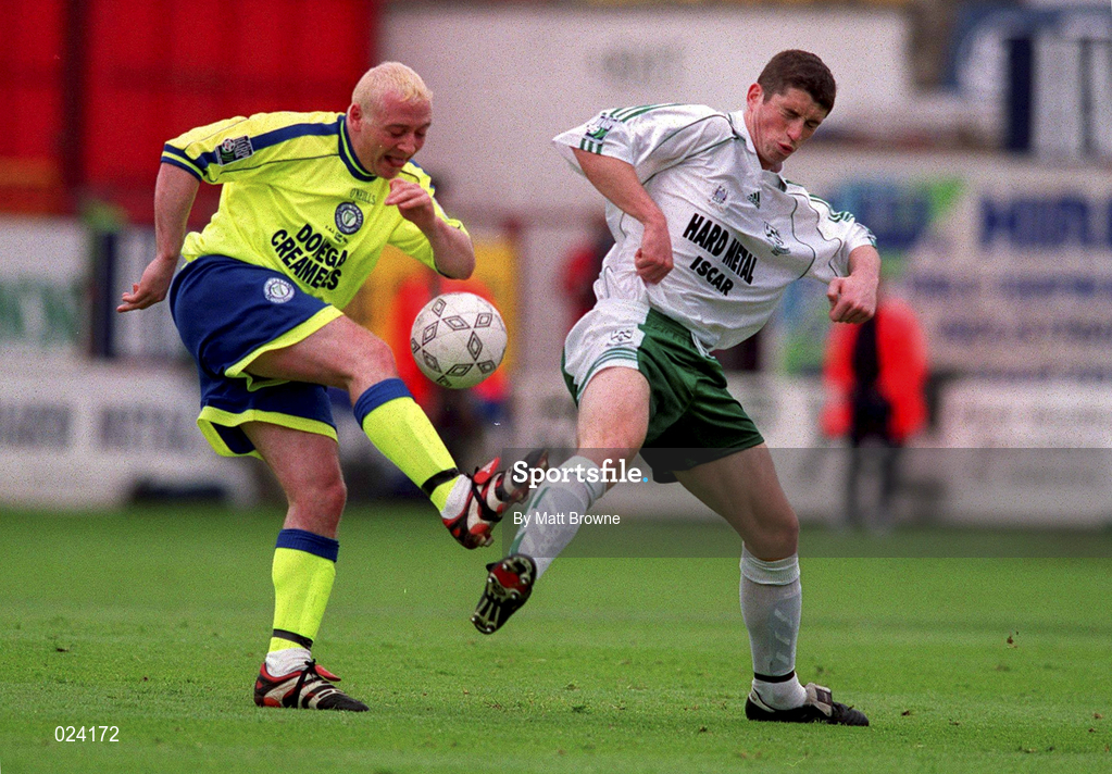 15 May 1999; James Mulligan of Finn Harps in action against Jody Lynch of Bray Wanderers during the FAI Cup Final replay match between Finn Harps and Bray Wanderers at Tolka Park in Dublin. Photo by Matt Browne/Sportsfile