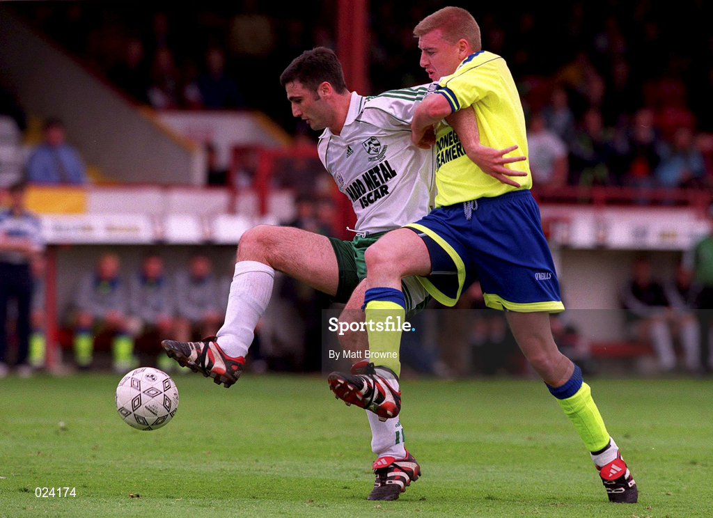15 May 1999; Stephen Fox of Bray Wanderers in action against Gavin Dykes of Finn Harps during the FAI Cup Final replay match between Finn Harps and Bray Wanderers at Tolka Park in Dublin. Photo by Matt Browne/Sportsfile