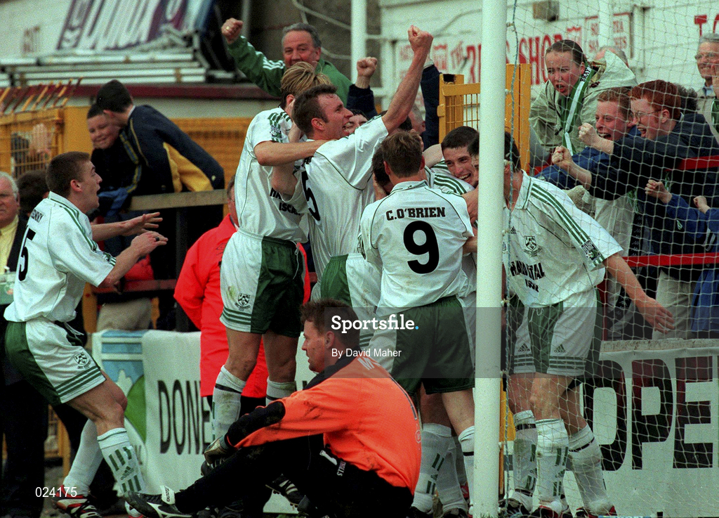 15 May 1999; Bray Wanderers players celebrate their side's first goal in the FAI Cup Final replay match between Finn Harps and Bray Wanderers at Tolka Park in Dublin. Photo by David Maher/Sportsfile