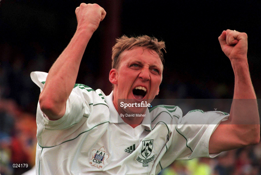 15 May 1999; Ciaran O'Brien of Bray Wanderers celebrates after scoring their second and equalising goal during the FAI Cup Final replay match between Finn Harps and Bray Wanderers at Tolka Park in Dublin. Photo by David Maher/Sportsfile