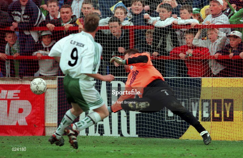 15 May 1999; Ciaran O'Brien of Bray Wanderers scores their second and equalising goal during the FAI Cup Final replay match between Finn Harps and Bray Wanderers at Tolka Park in Dublin. Photo by Matt Browne/Sportsfile