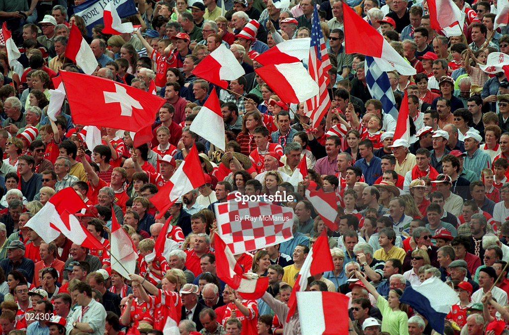13 June 1999; Cork supporters during the Guinness Munster Senior Hurling Championship semi-final match between Cork and Waterford at Semple Stadium in Thurles, Tipperary. Photo by Ray McManus/Sportsfile