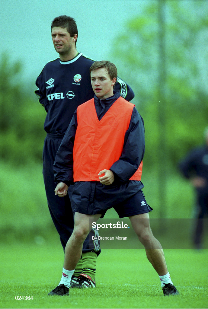 28 May 1999; Niall Quinn, left, and David Connolly during a Republic of Ireland training session at AUL Grounds in Clonshaugh, Dublin. Photo by Brendan Moran/Sportsfile
