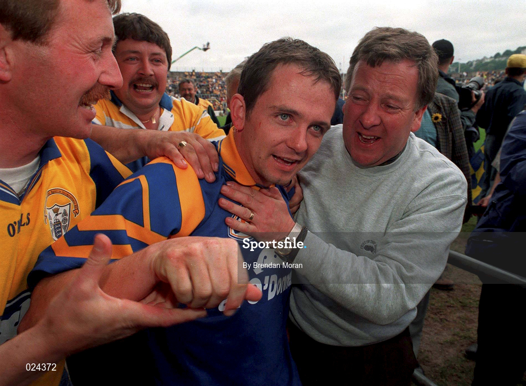 12 June 1999; Davy Fitzgerald of Clare celebrates with supporters following the Guinness Munster Senior Hurling Championship semi-final replay match between Clare and Tipperary at Páirc Uí Chaoimh in Cork. Photo by Brendan Moran/Sportsfile