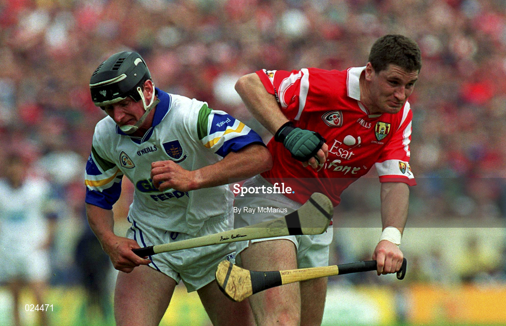 13 June 1999; Fergal McCormack of Cork in action against Sean Cullinane of Waterford during the Guinness Munster Senior Hurling Championship semi-final match between Cork and Waterford at Semple Stadium in Thurles, Tipperary. Photo by Ray McManus/Sportsfile
