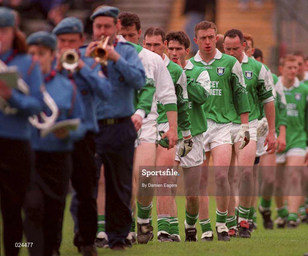 30 May 1999; The Fermanaghan team parade ahead of the Bank of Ireland Ulster Senior Football Championship Preliminary Round match between Monaghan and Fermanagh at St Tiernach's Park in Clones, Monaghan. Photo by Damien Eagers/Sportsfile