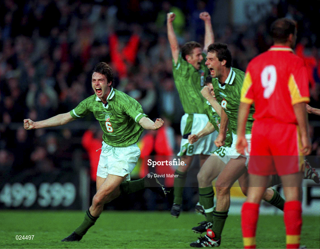 9 June 1999; Gary Breen, left, celebrates after Republic of Ireland team-mate Niall Quinn, right, scored his side's first and winning goal during the UEFA European Championships Qualifier match between Republic of Ireland and FYR Macedonia at Lansdowne Road in Dublin. Photo by David Maher/Sportsfile