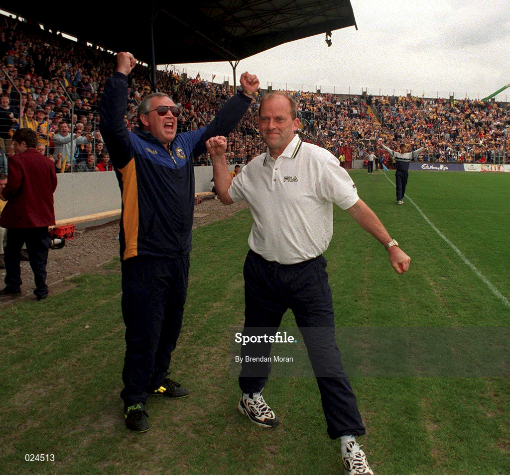 12 June 1999; Clare manager Ger Loughnane, right, and physio Colm Flynn celebrate their side's victory at the final whistle of the Guinness Munster Senior Hurling Championship semi-final replay match between Clare and Tipperary at Páirc Uí Chaoimh in Cork. Photo by Brendan Moran/Sportsfile