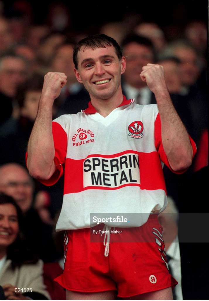 19 September 1993; Derry captain Henry Downey celebrates before collecting the Sam Maguire Cup following their victory in the All-Ireland Senior Football Championship Final against Cork at Croke Park in Dublin. Photo by David Maher/Sportsfile