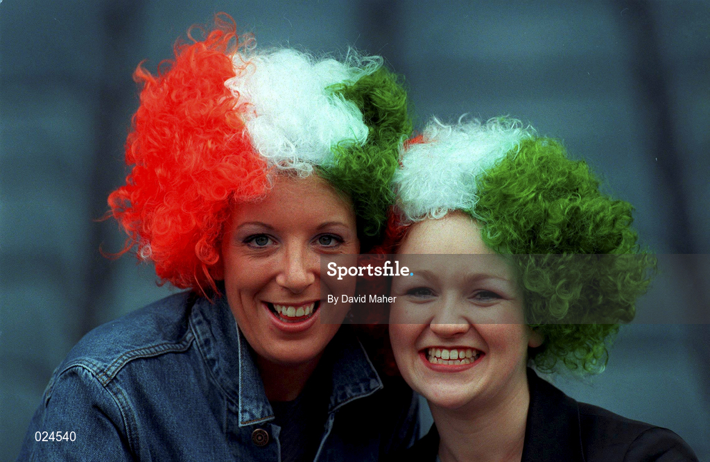 9 June 1999; Republic of Ireland supporters Jennifer Cullen and Linda Gaughan ahead of the UEFA European Championships Qualifier match between Republic of Ireland and FYR Macedonia at Lansdowne Road in Dublin. Photo by David Maher/Sportsfile