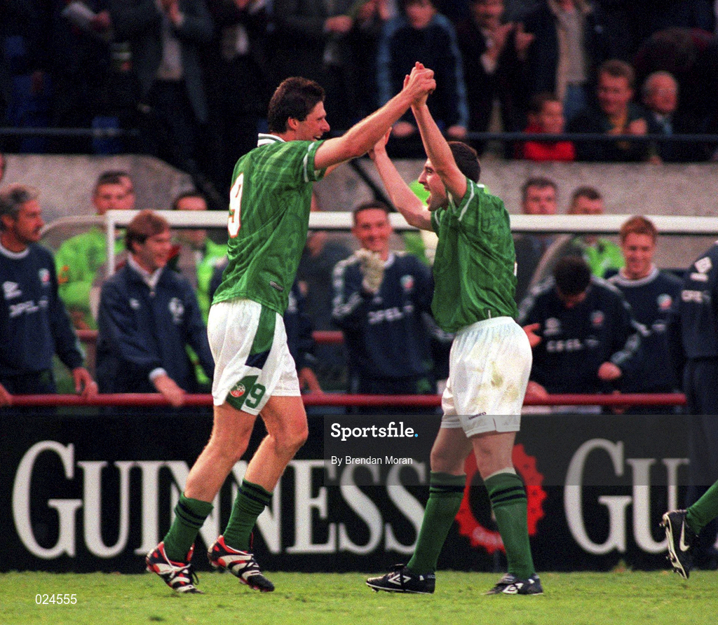 9 June 1999; Niall Quinn, left, celebrates after scoring his side's first goal with Republic of Ireland team-mate Mark Kennedy during the UEFA European Championships Qualifier match between Republic of Ireland and FYR Macedonia at Lansdowne Road in Dublin. Photo by Brendan Moran/Sportsfile