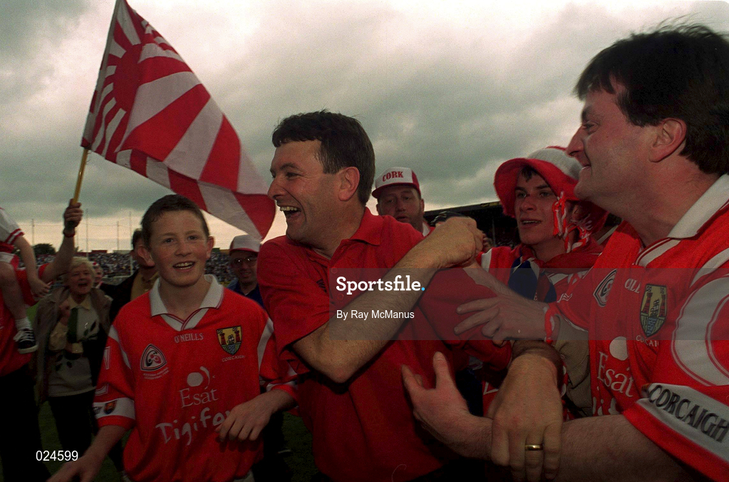 13 June 1999; Cork manager Jimmy Barry-Murphy celebrates with supporters following the Guinness Munster Senior Hurling Championship semi-final match between Cork and Waterford at Semple Stadium in Thurles, Tipperary. Photo by Ray McManus/Sportsfile