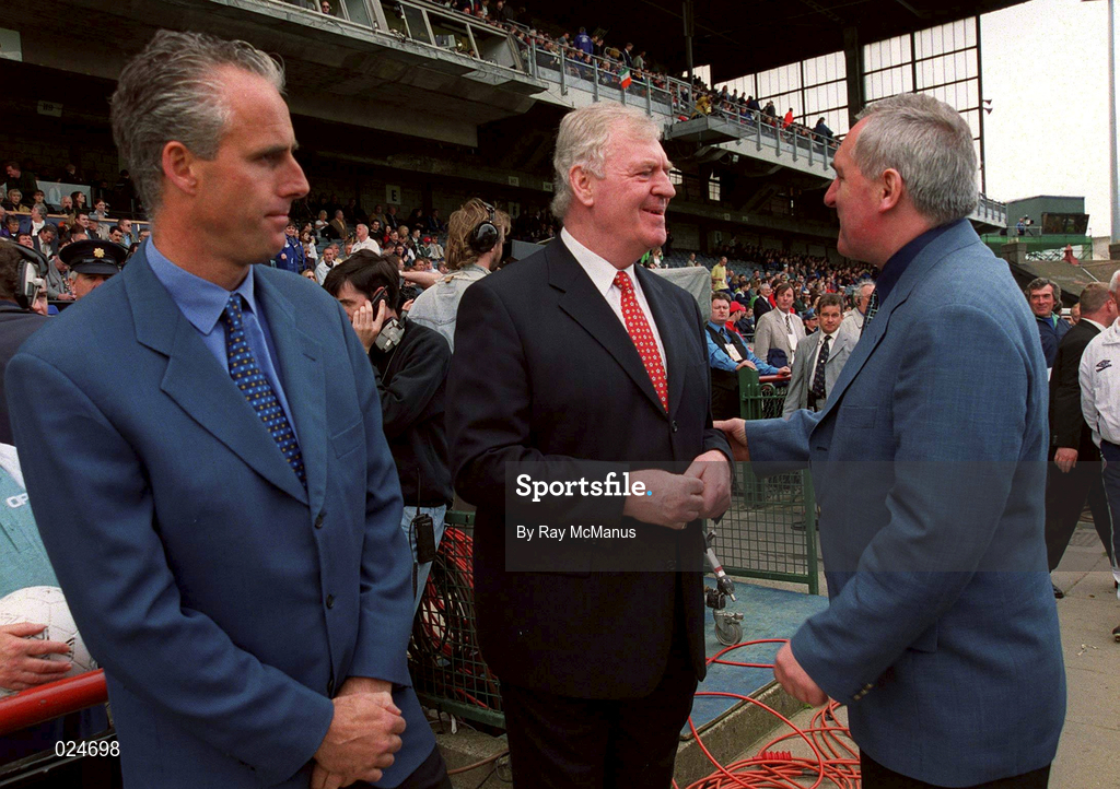 29 May 1999; An Taoiseach Bertie Ahern, right, shakes hands with Northern Ireland manager Lawrie McMenemy, centre, and Republic of Ireland manager Mick McCarthy ahead of the international friendly match between Republic of Ireland and Northern Ireland at Lansdowne Road in Dublin. Photo by Ray McManus/Sportsfile
