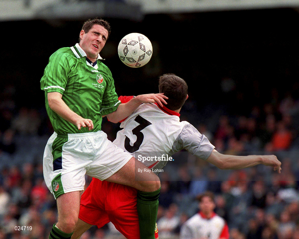 29 May 1999; Mark Kennedy of Republic of Ireland in action against Aaron Hughes of Northern Ireland during the international friendly match between Republic of Ireland and Northern Ireland at Lansdowne Road in Dublin. Photo by Ray Lohan/Sportsfile