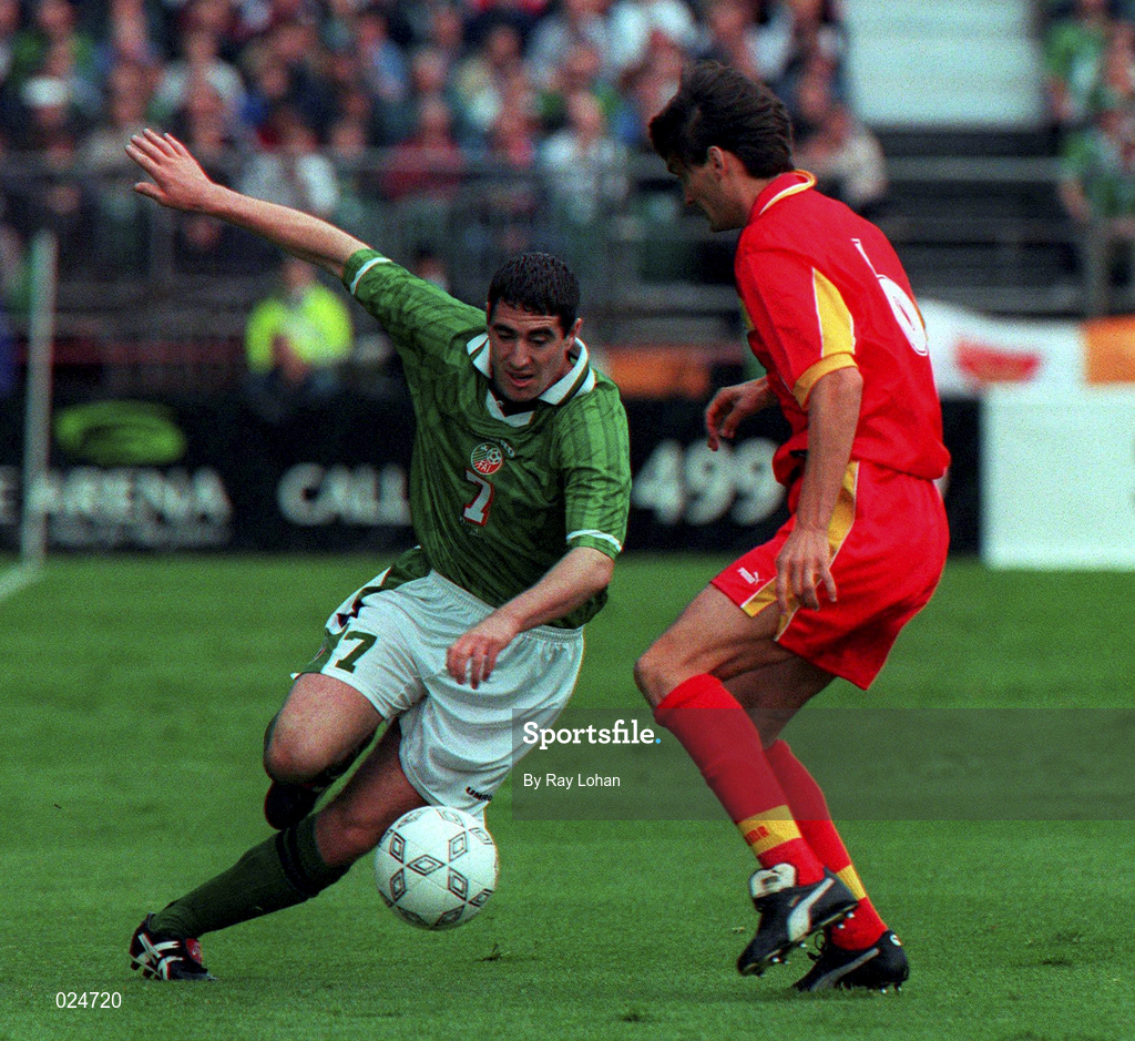 9 June 1999; Mark Kennedy of Republic of Ireland in action against Boban Babunski of FYR Macedonia during the UEFA European Championships Qualifier match between Republic of Ireland and FYR Macedonia at Lansdowne Road in Dublin. Photo by Ray Lohan/Sportsfile