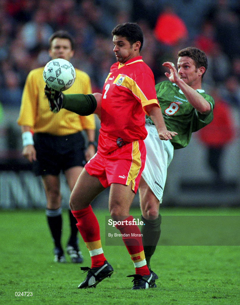 9 June 1999; Mark Kinsella of Republic of Ireland in action against Dzevdet Sainovski of FYR Macedonia during the UEFA European Championships Qualifier match between Republic of Ireland and FYR Macedonia at Lansdowne Road in Dublin. Photo by Brendan Moran/Sportsfile