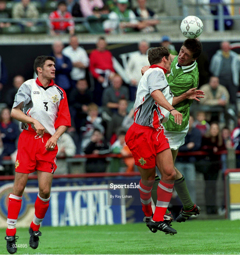 29 May 1999; Niall Quinn of Republic of Ireland and Mark Williams of Northern Ireland during the international friendly match between Republic of Ireland and Northern Ireland at Lansdowne Road in Dublin. Photo by Ray Lohan/Sportsfile