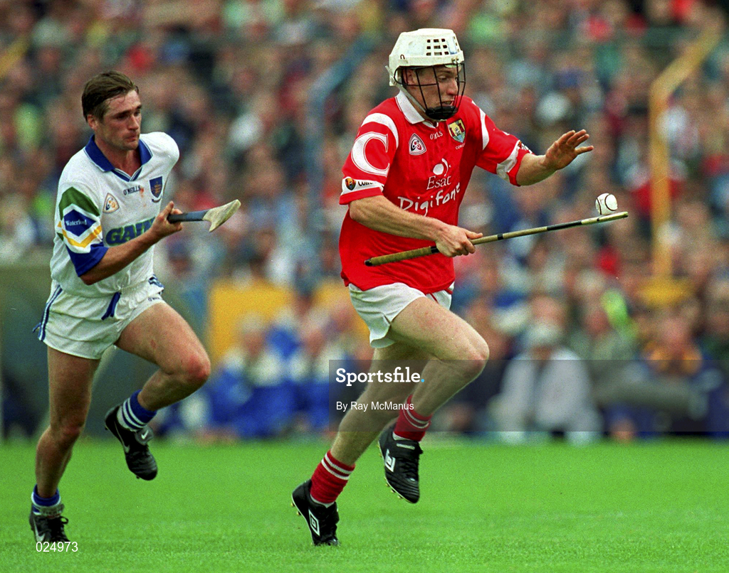 13 June 1999; Timmy McCarthy of Cork in action against Tony Browne of Waterford during the Guinness Munster Senior Hurling Championship semi-final match between Cork and Waterford at Semple Stadium in Thurles, Tipperary. Photo by Ray McManus/Sportsfile