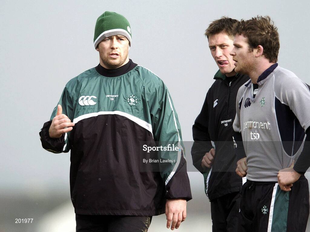 28 February 2006; Marcus Horan, left, with team-mates Ronan O'Gara and Gordon D'Arcy, right, during Ireland rugby squad training. St. Gerard's School, Bray, Co. Wicklow. Picture credit: Brian Lawless / SPORTSFILE