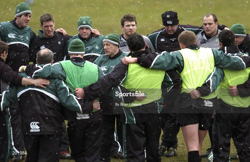 28 February 2006; Eddie O'Sullivan talks to his squad at the end of Ireland rugby squad training as the snow starts to fall. St. Gerard's School, Bray, Co. Wicklow. Picture credit: Brian Lawless / SPORTSFILE