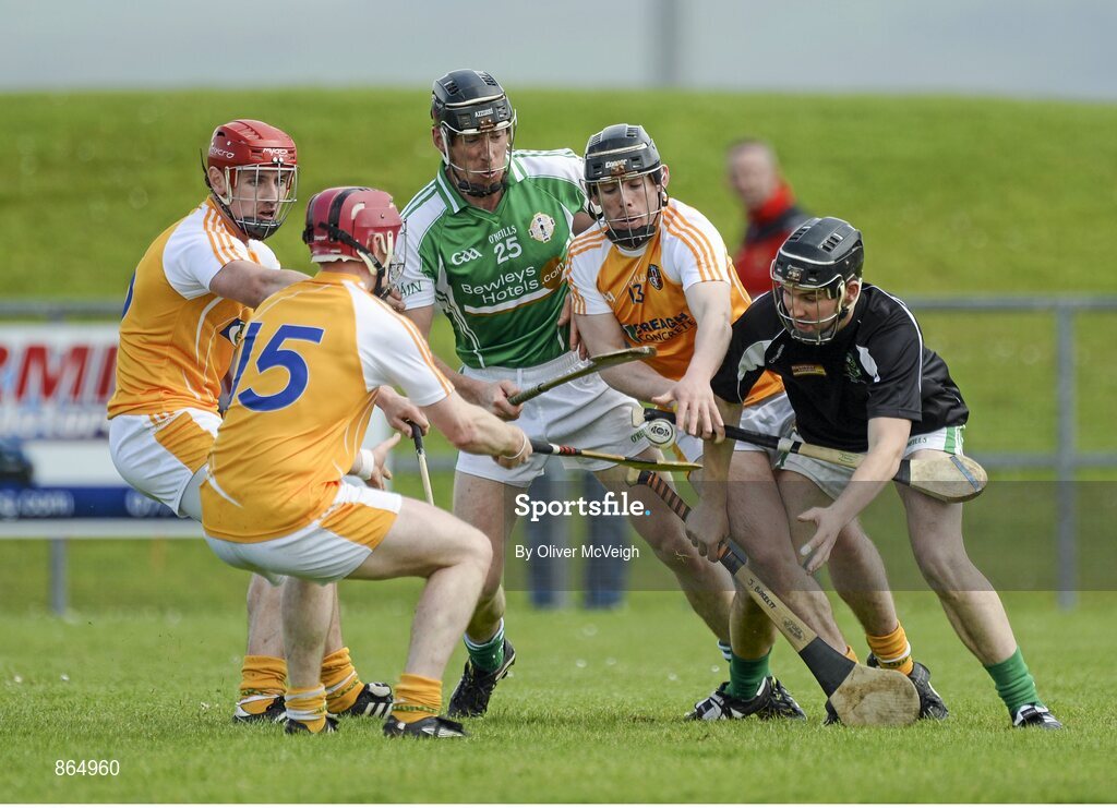 11 May 2014; Simon McCrory, PJ O'Connell and Ciaran Clarke, Antrim,battling against Noel McDonald and James Barrett , London. GAA All-Ireland Senior Hurling Championship Qualifier Group, Round 3, Antrim v London, Ballycastle, Co. Antrim. Picture credit: Oliver McVeigh / SPORTSFILE