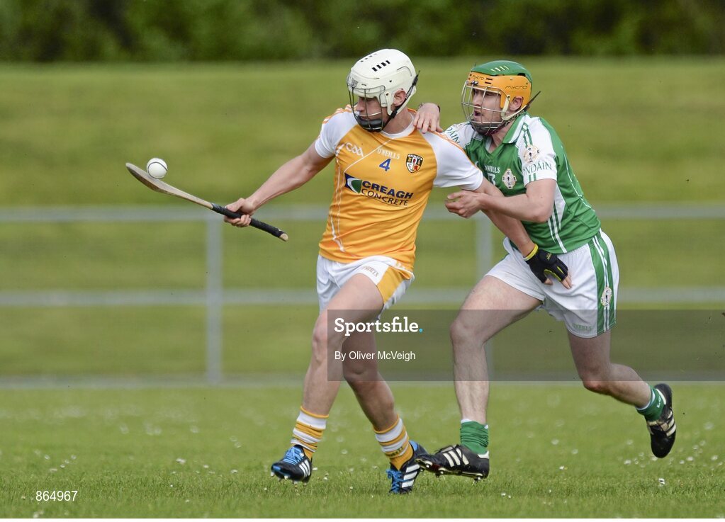 11 May 2014; Aaron Graffin, Antrim, in action against Kevin Walsh, London. GAA All-Ireland Senior Hurling Championship Qualifier Group, Round 3, Antrim v London, Ballycastle, Co. Antrim. Picture credit: Oliver McVeigh / SPORTSFILE