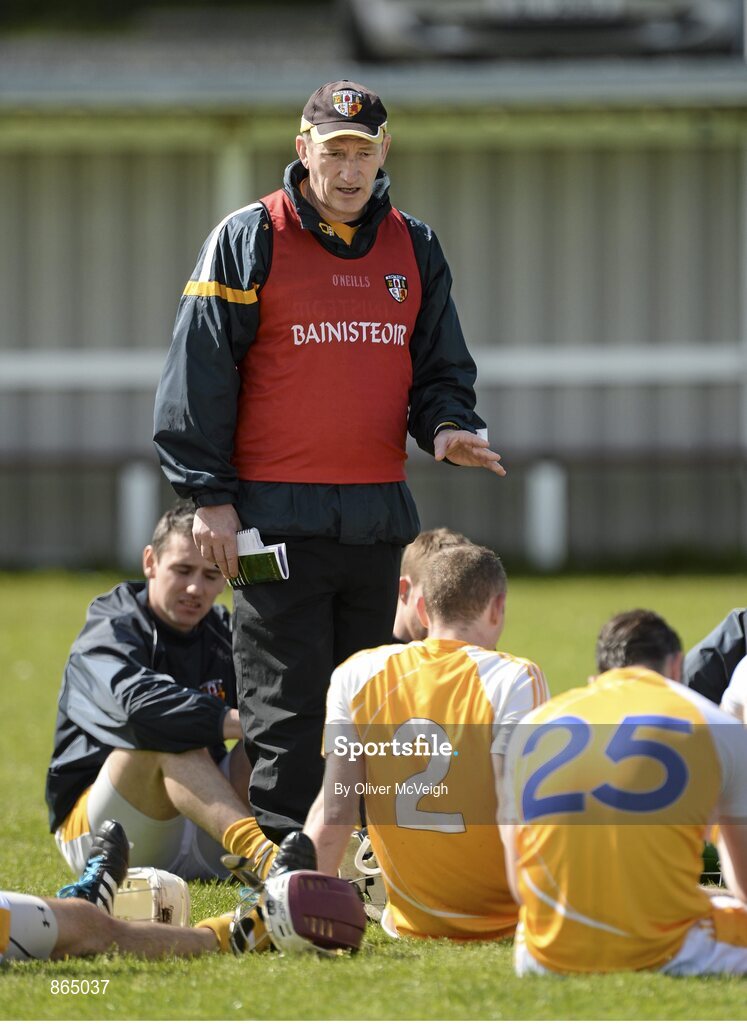 11 May 2014; Kevin Ryan, Antrim manager speaks to his players after the game. GAA All-Ireland Senior Hurling Championship Qualifier Group, Round 3, Antrim v London, Ballycastle, Co. Antrim.. Picture credit: Oliver McVeigh / SPORTSFILE